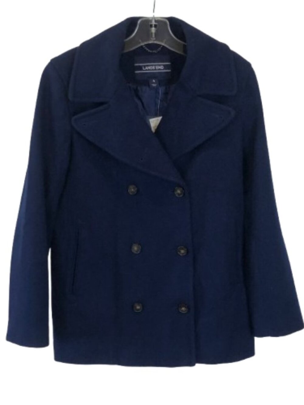 NWT Lands End Womens Size 4 Navy Blue Wool Blend Wide Lapel Winter Pea Coat NEW